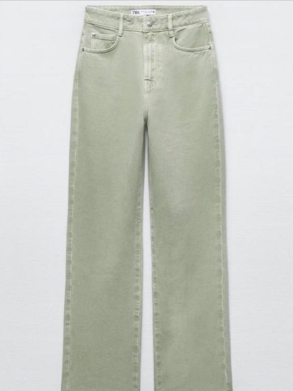 Zara High-Rise, Full-Length Wide-Leg Jeans in Sage Green, Size 6